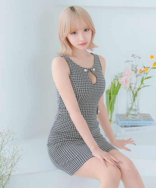 セール】キャバドレス ミニ タイト ノースリーブ 千鳥格子柄 バスト
