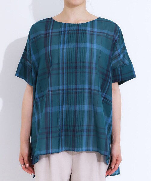 SHOO・LA・RUE(シューラルー)の「【S-LL/体型カバー】インせず着られる ポンチョシルエット シアーチェックブラウス(シャツ/ブラウス・レディース・ライトオレンジ系1/ブラック系1/ブルーグリーン・03/01/04/02)」の16枚目の写真