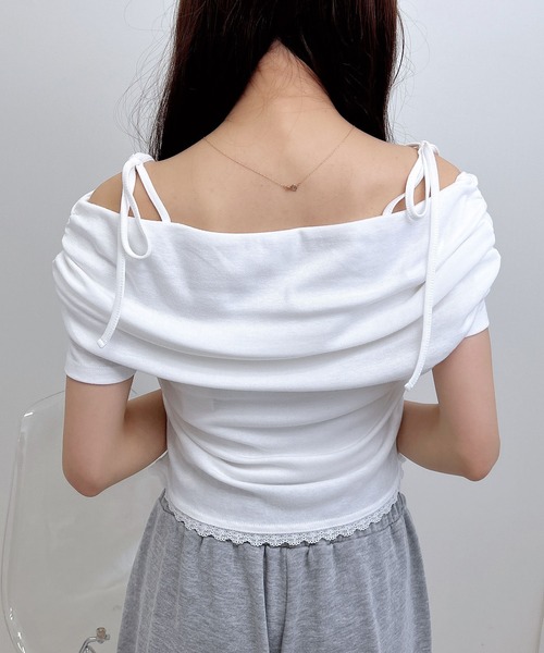 INGNI（イング）の「サイドギャザー肩リボンオフショルトップス（Tシャツ/カットソー・レディース・ブラック/ピンクベージュ/オフホワイト・M）」の8枚目の写真