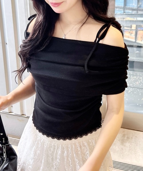 INGNI（イング）の「サイドギャザー肩リボンオフショルトップス（Tシャツ/カットソー・レディース・ブラック/ピンクベージュ/オフホワイト・M）」の13枚目の写真