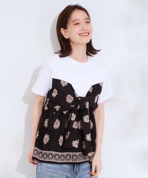 セール】【S-LL】スカーフ巻きレイヤード風Tシャツ（Tシャツ