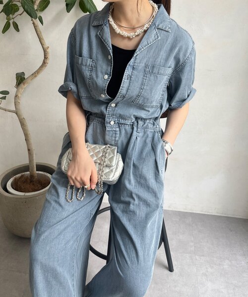 美品 doudou デニムサロペット オールインワン スカイブルー PS DouDou オールインワン 「新色追加/WEB限定」ミドルオンスデニム
