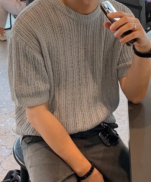 CERCA（チェルカ）の「【NOWLE】リラックスフィット 透かし編み 半袖 サマー ニット（ニット/セーター・メンズ・グレー・X-LARGE/LARGE）」の13枚目の写真