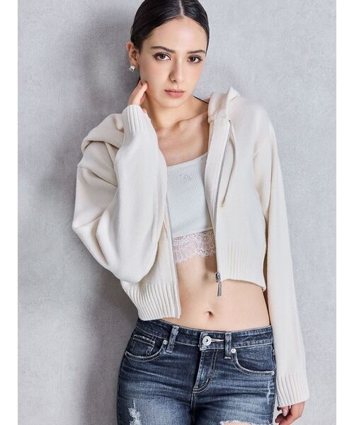 GYDA（ジェイダ）の「GYDA ニットショートZIP UPパーカー（パーカー・レディース・グレー/アイボリー/ブラック・FREE）」の5枚目の写真