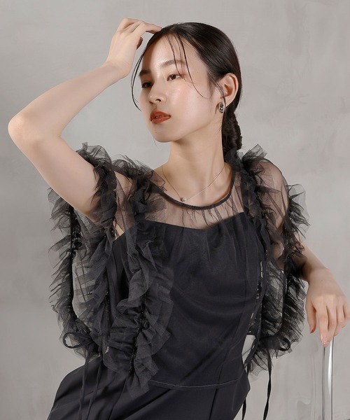 Kana(カナ)の「チュールフリル リボン ボレロ キャミワンピース 2点セット パーティー ドレス 結婚式 お呼ばれ オケージョンドレス(ドレス・レディース・ブラック系その他2/ピンクベージュ/チャコールグレー・M)」の2枚目の写真