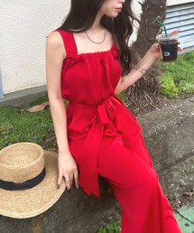 CHARME BY MICOLA（シャルムバイミコラ）の「らくちん♪とろみサテン♪リゾートスタイル！ウエストリボンオールインワン（サロペット/オーバーオール）」