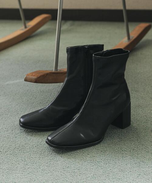 スクエアトゥブーツ　ヒールブーツ　サイドゴアブーツ　センターシーム　ブラック セール】スクエアトウセンターシームストレッチブーツ（ブーツ