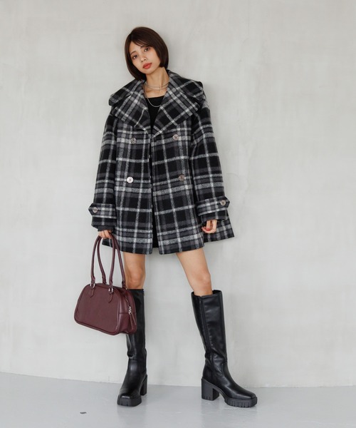 ミルクボーイ★90sアーカイブ★ウィンドウペン 格子チェック モッズコート 黒 MILKBOY（ミルクボーイ）の「LETTER LONG コート（ステンカラーコート