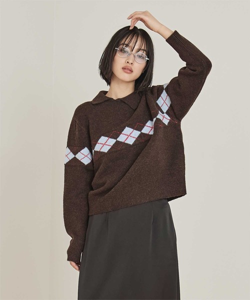miette(ミエット)の「アーガイルアシンメトリーカラーニット(ニット/セーター・レディース・ブラウン/チャコール/ライトブルー・S/M)」の11枚目の写真