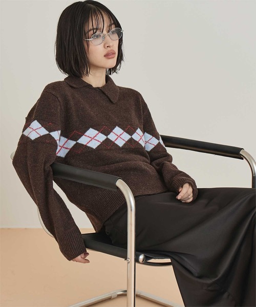miette(ミエット)の「アーガイルアシンメトリーカラーニット(ニット/セーター・レディース・ブラウン/チャコール/ライトブルー・S/M)」の13枚目の写真