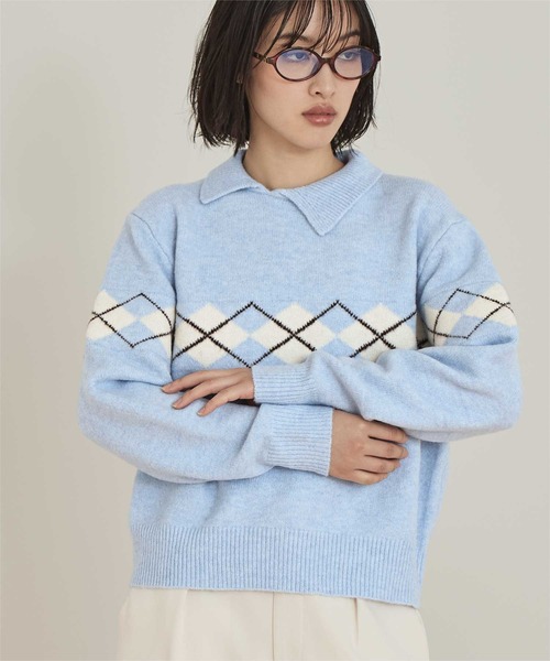 miette(ミエット)の「アーガイルアシンメトリーカラーニット(ニット/セーター・レディース・ブラウン/チャコール/ライトブルー・S/M)」の16枚目の写真