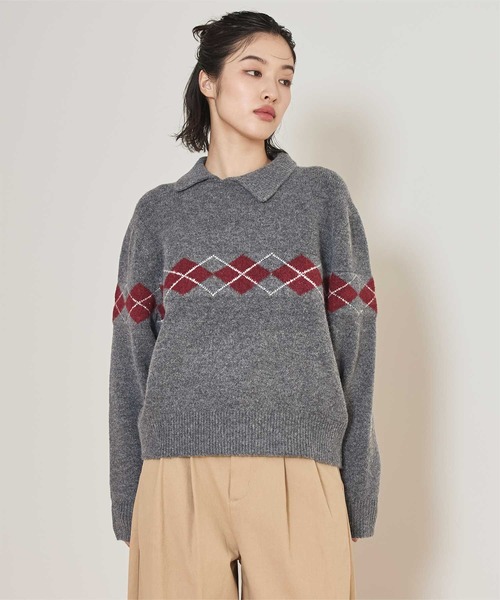 miette(ミエット)の「アーガイルアシンメトリーカラーニット(ニット/セーター・レディース・ブラウン/チャコール/ライトブルー・S/M)」の4枚目の写真