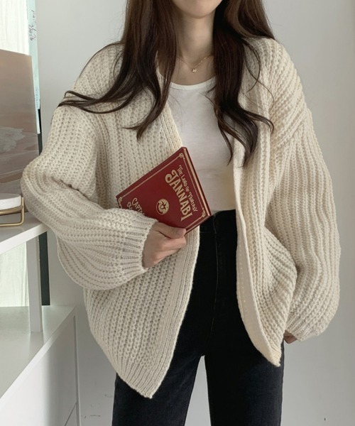 SEU(エスイーユー)の「ゆったりニットカーディガン 長袖 秋冬羽織り ビッグシルエット オフィスカジュアル きれいめカジュアル レディース 韓国風(カーディガン/ボレロ・レディース・グレー/アイボリー/ブラック/モカ・フリー)」の20枚目の写真