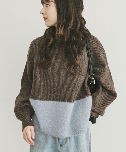 ITEMS URBANRESEARCH（アイテムズ アーバンリサーチ）の「フェザードッキングニット（ニット/セーター・レディース・ブラック/オフホワイト/ブラウン・FREE）」の4枚目の写真