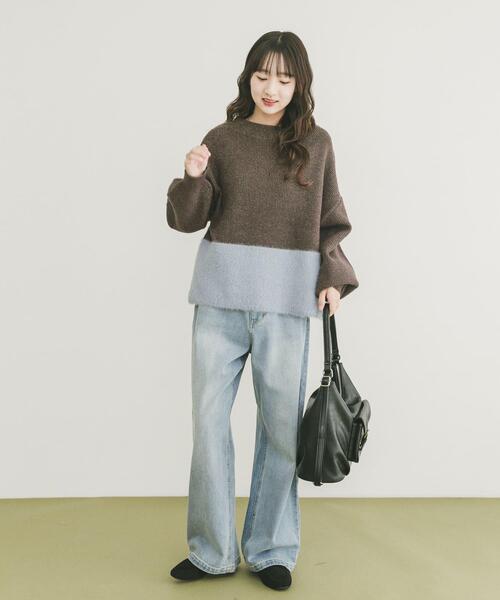 ITEMS URBANRESEARCH（アイテムズ アーバンリサーチ）の「フェザードッキングニット（ニット/セーター・レディース・ブラック/オフホワイト/ブラウン・FREE）」の7枚目の写真