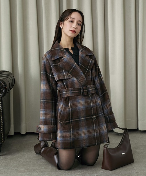 セール】2WAYチェックミドルコート（ステンカラーコート）｜Elishe