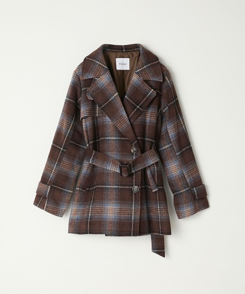 Elishe エリシェ 2WAYチェックミドルコート ブラウン セール】2WAYチェックミドルコート（ステンカラーコート）｜Elishe