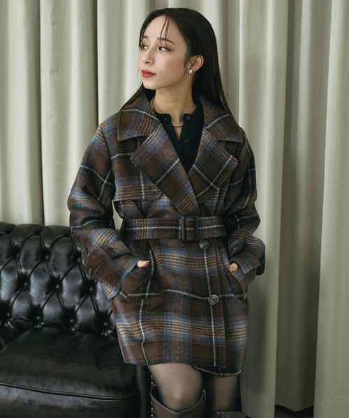 Elishe（エリシェ）の「2WAYチェックミドルコート（ステンカラーコート・レディース・グレー/ブラウン・FREE）」の5枚目の写真