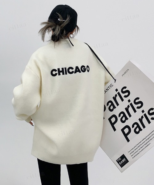 Dalfwin（ダールフィン）の「韓国ファッション CHICAGOバックロゴ刺繍ニット（ニット/セーター・レディース・グリーン/グレー/オフホワイト/ブラック・FREE）」の5枚目の写真