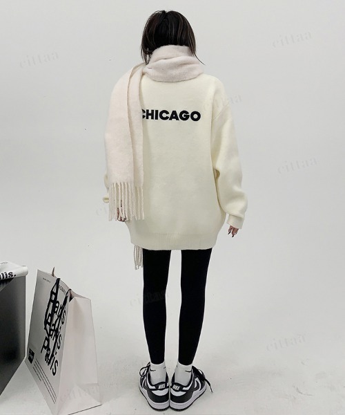 Dalfwin（ダールフィン）の「韓国ファッション CHICAGOバックロゴ刺繍ニット（ニット/セーター・レディース・グリーン/グレー/オフホワイト/ブラック・FREE）」の7枚目の写真