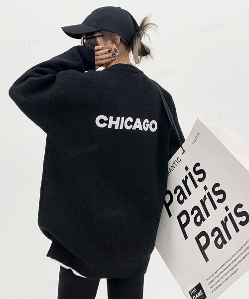 Dalfwin（ダールフィン）の「韓国ファッション CHICAGOバックロゴ刺繍ニット（ニット/セーター・レディース・グリーン/グレー/オフホワイト/ブラック・FREE）」の11枚目の写真