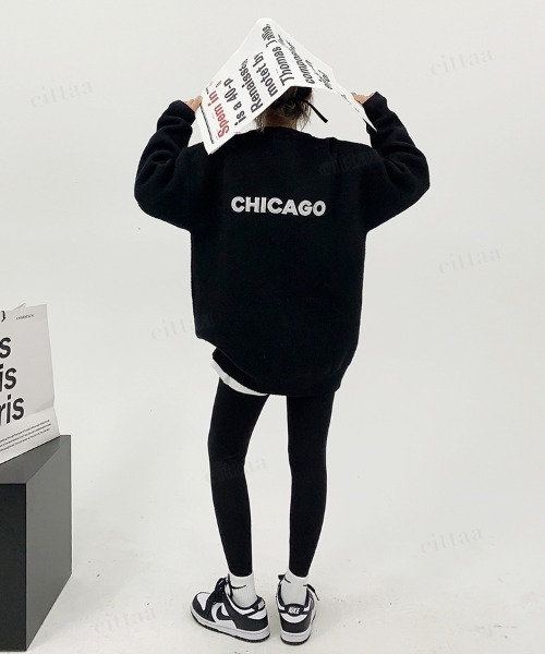 Dalfwin（ダールフィン）の「韓国ファッション CHICAGOバックロゴ刺繍ニット（ニット/セーター・レディース・グリーン/グレー/オフホワイト/ブラック・FREE）」の14枚目の写真