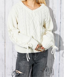 《袖レースアップ×ケーブル編み》レディース モールニット Vネックプルオーバー ゆるシルエット 秋冬