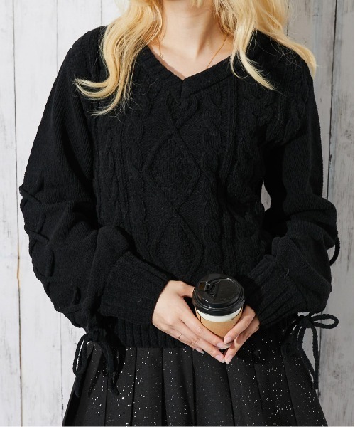 セール】《袖レースアップ×ケーブル編み》レディース モールニット V