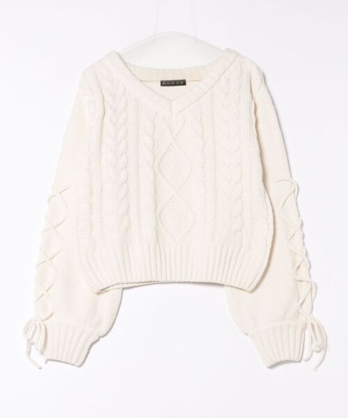 GORGE(ゴージ)の「《袖レースアップ×ケーブル編み》レディース モールニット Vネックプルオーバー ゆるシルエット 秋冬(ニット/セーター・レディース・ブラック/オフホワイト/ボルドー/グレイッシュベージュ/ピンク・F)」の12枚目の写真