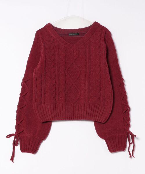 GORGE(ゴージ)の「《袖レースアップ×ケーブル編み》レディース モールニット Vネックプルオーバー ゆるシルエット 秋冬(ニット/セーター・レディース・ブラック/オフホワイト/ボルドー/グレイッシュベージュ/ピンク・F)」の13枚目の写真