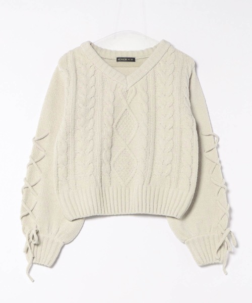 GORGE(ゴージ)の「《袖レースアップ×ケーブル編み》レディース モールニット Vネックプルオーバー ゆるシルエット 秋冬(ニット/セーター・レディース・ブラック/オフホワイト/ボルドー/グレイッシュベージュ/ピンク・F)」の14枚目の写真