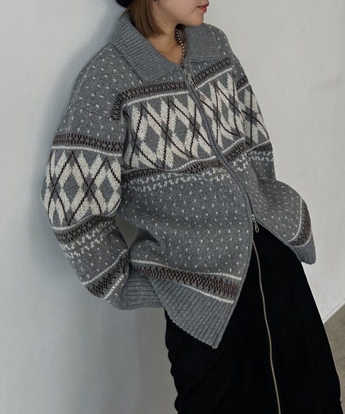 PAGEBOY（ページボーイ）の「カウチンライクエリツキZIPニットカーディガン（ニット/セーター・レディース・ブラック/グレー/ブラウン・FREE）」の2枚目の写真