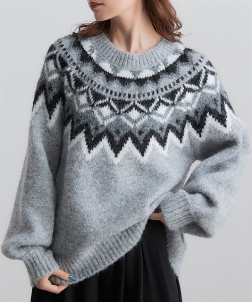 Soiunique（スワユニーク）の「ノルディック求心柄ニットトップス ［Soiunique］（ニット/セーター・レディース・グレー/ネイビー/ブラウン・フリー）」の3枚目の写真