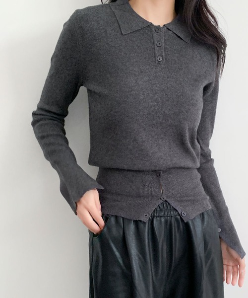 LOWO（ロワ）の「ポロニット ニット 長袖 トップス レディース 襟付き ポロシャツ 秋冬（ニット/セーター・レディース・ベージュ/ブラック/オフホワイト/チャコールグレー・FREE）」の3枚目の写真