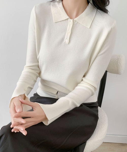LOWO（ロワ）の「ポロニット ニット 長袖 トップス レディース 襟付き ポロシャツ 秋冬（ニット/セーター・レディース・ベージュ/ブラック/オフホワイト/チャコールグレー・FREE）」の7枚目の写真