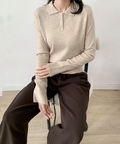 LOWO（ロワ）の「ポロニット ニット 長袖 トップス レディース 襟付き ポロシャツ 秋冬（ニット/セーター・レディース・ベージュ/ブラック/オフホワイト/チャコールグレー・FREE）」の14枚目の写真