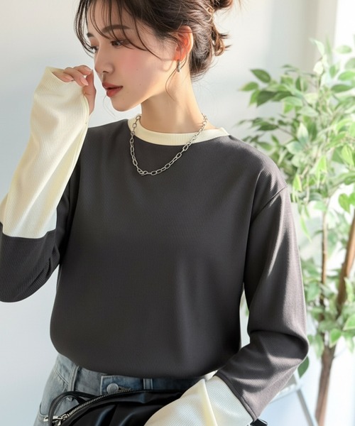 classicalelf(クラシカルエルフ)の「《9月上旬再入荷!予約受付中》レイヤード見えで仕上げる、きれいめモード。指穴(サムホール)付き袖配色切り替えテレコプルオーバー(長袖)(Tシャツ/カットソー・レディース・ブラウン/チャコール/グレー/アイボリー・X-LARGE/SMALL/MEDIUM/LARGE)」の8枚目の写真