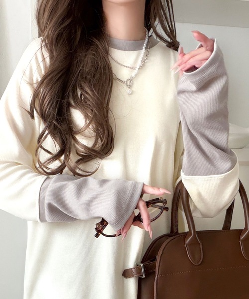 classicalelf(クラシカルエルフ)の「《9月上旬再入荷!予約受付中》レイヤード見えで仕上げる、きれいめモード。指穴(サムホール)付き袖配色切り替えテレコプルオーバー(長袖)(Tシャツ/カットソー・レディース・ブラウン/チャコール/グレー/アイボリー・X-LARGE/SMALL/MEDIUM/LARGE)」の16枚目の写真