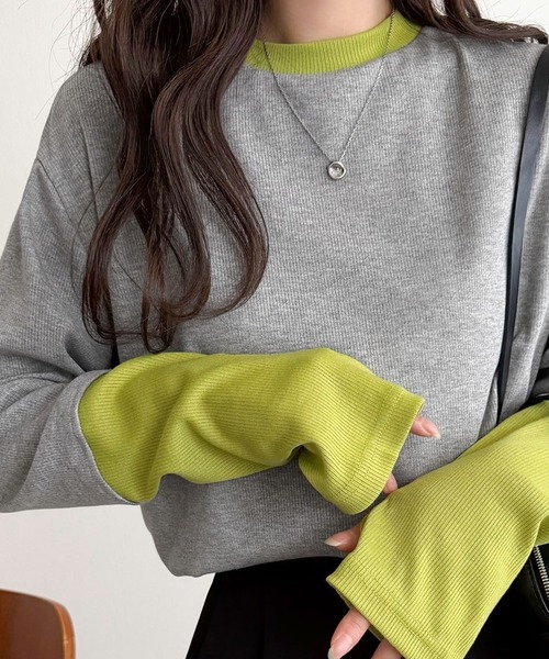 classicalelf(クラシカルエルフ)の「《9月上旬再入荷!予約受付中》レイヤード見えで仕上げる、きれいめモード。指穴(サムホール)付き袖配色切り替えテレコプルオーバー(長袖)(Tシャツ/カットソー・レディース・ブラウン/チャコール/グレー/アイボリー・X-LARGE/SMALL/MEDIUM/LARGE)」の18枚目の写真