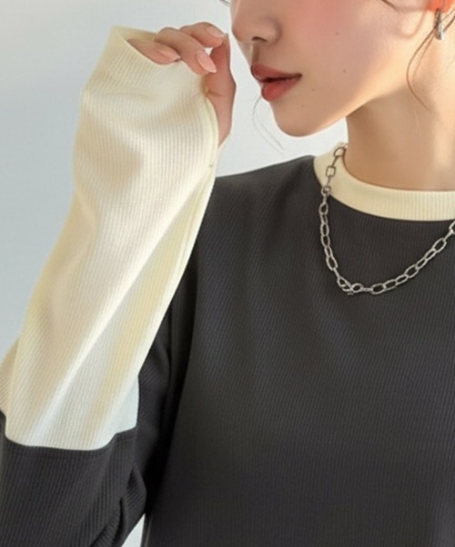 classicalelf(クラシカルエルフ)の「《9月上旬再入荷!予約受付中》レイヤード見えで仕上げる、きれいめモード。指穴(サムホール)付き袖配色切り替えテレコプルオーバー(長袖)(Tシャツ/カットソー・レディース・ブラウン/チャコール/グレー/アイボリー・X-LARGE/SMALL/MEDIUM/LARGE)」の20枚目の写真