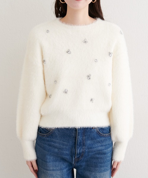 natural couture（ナチュラルクチュール）の「ふんわりシャギービジューニット（ニット/セーター・レディース・チャコールグレー/オフホワイト/ライトグレー・FREE）」の15枚目の写真