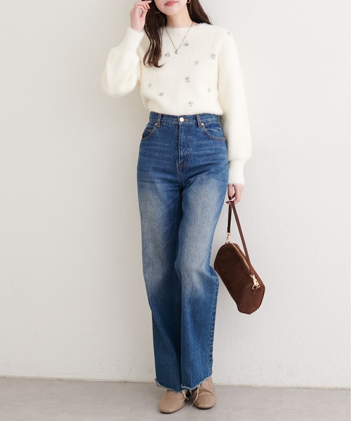natural couture（ナチュラルクチュール）の「ふんわりシャギービジューニット（ニット/セーター・レディース・チャコールグレー/オフホワイト/ライトグレー・FREE）」の6枚目の写真
