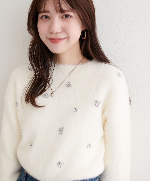 natural couture（ナチュラルクチュール）の「ふんわりシャギービジューニット（ニット/セーター・レディース・チャコールグレー/オフホワイト/ライトグレー・FREE）」の9枚目の写真