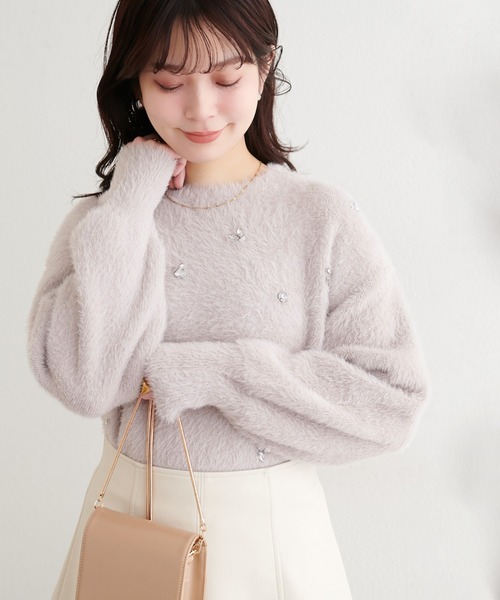 natural couture（ナチュラルクチュール）の「ふんわりシャギービジューニット（ニット/セーター・レディース・チャコールグレー/オフホワイト/ライトグレー・FREE）」の19枚目の写真