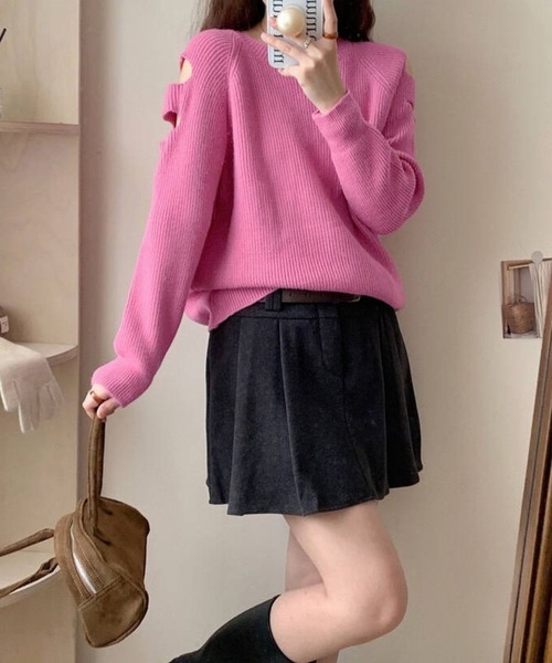 SPIGA（スピーガ）の「肌見せｵﾌｼｮﾙ風ﾆｯﾄ（ニット/セーター・レディース・グリーン/ホワイト/ブラック/グレー/レッド/ピンク・FREE）」の5枚目の写真