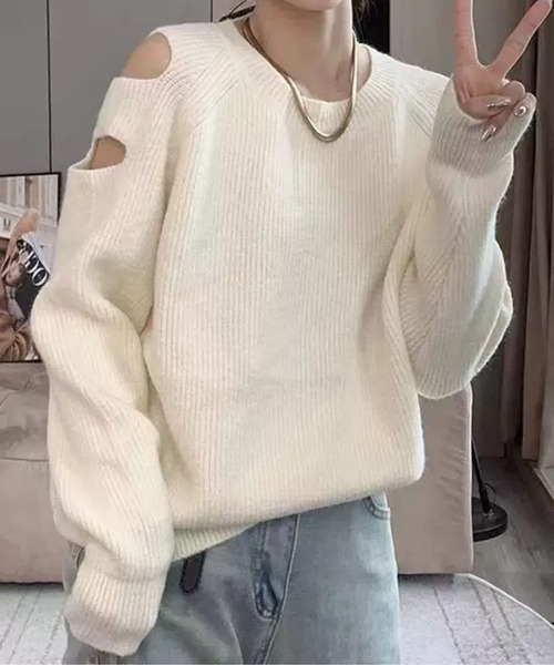 SPIGA（スピーガ）の「肌見せｵﾌｼｮﾙ風ﾆｯﾄ（ニット/セーター・レディース・グリーン/ホワイト/ブラック/グレー/レッド/ピンク・FREE）」の8枚目の写真