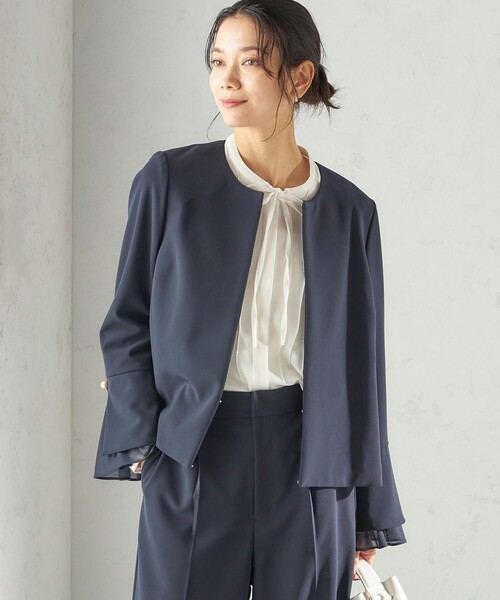 ダブル クロス 重ね袖 ノーカラー ジャケット（セレモニー対応可