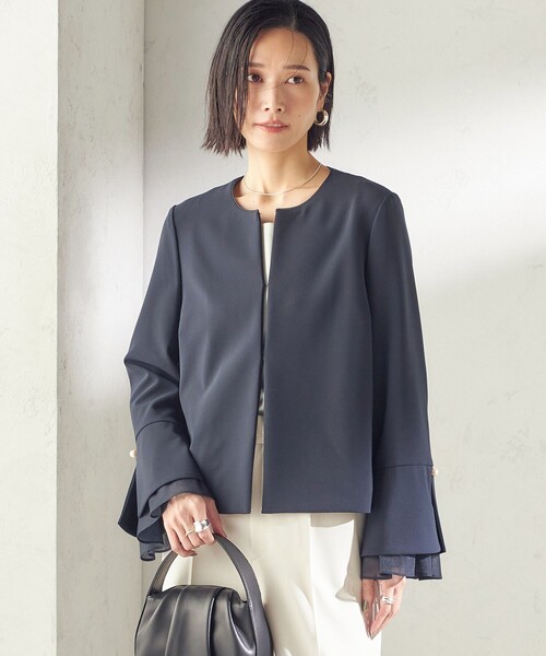 ダブル クロス 重ね袖 ノーカラー ジャケット（セレモニー対応可
