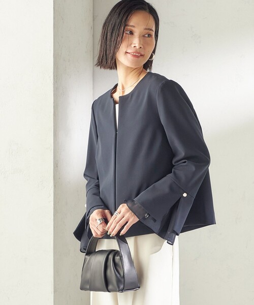 ダブル クロス 重ね袖 ノーカラー ジャケット（セレモニー対応可