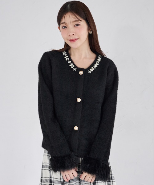 ZOZO限定】ファー付きパールビジュー装飾シャギーニットジャケット